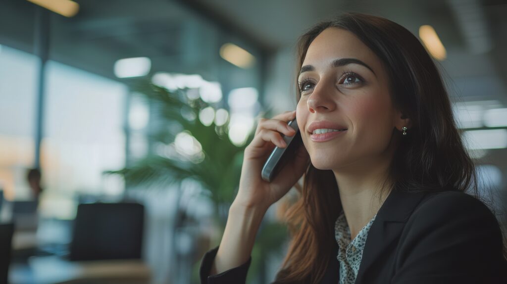 businesswoman engages phone conversation while seated modern office with large windows greenery day